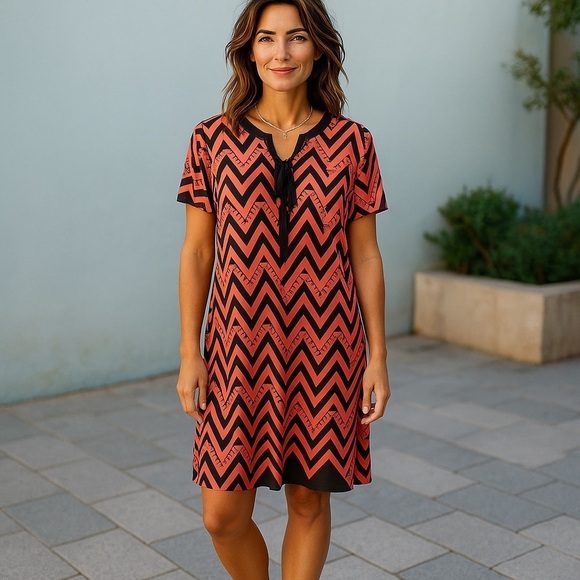 Espresso Dresses & Skirts - Women's Chevron Print Shift Dress Coral Navy Knee Length Casual Boho Tunic Sz Lg
